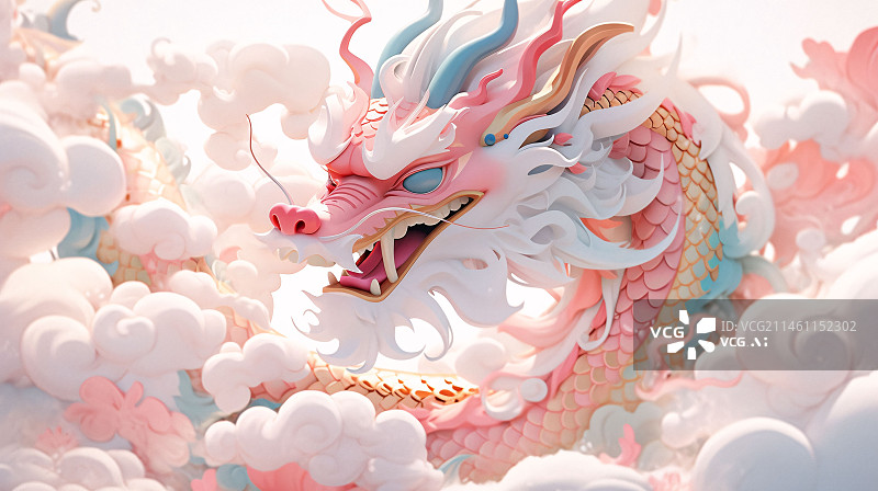 【AI数字艺术】中国农历新年龙年喜庆复古海报，中国风神龙3D概念插图图片素材