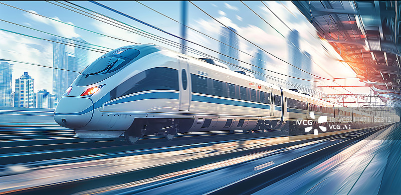 【AI数字艺术】高速列车在铁轨上高速行驶，背景是城市天际线图片素材