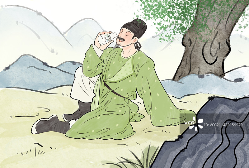 坐着喝酒的古人唐代诗人李白国风风格插画元素图片素材