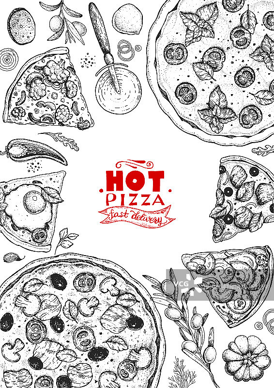 意大利披薩和配料俯視圖。意大利菜菜單設計模板。復古手繪矢量插圖。雕刻風格的插圖。菜單上的披薩標簽。圖片素材