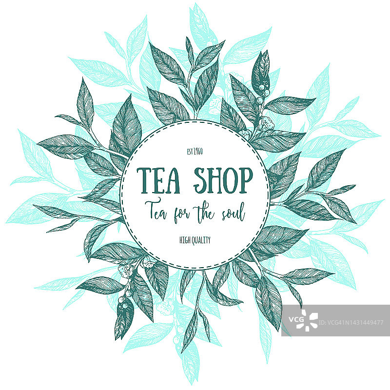 圓形概念，茶葉矢量插圖。茶葉框架插圖。菜單標簽上有茶葉。線性圖形。圖片素材