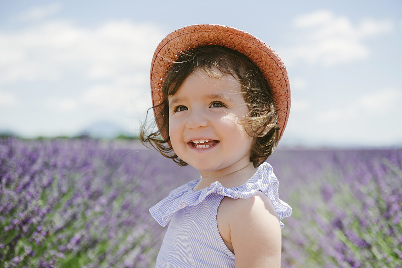 法國，普羅旺斯，瓦朗索高原，快樂的學步女孩在紫色薰衣草的田野在夏天圖片素材