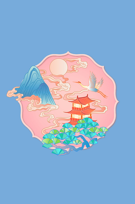 彩色中國風山水插畫在藝術框內圖片