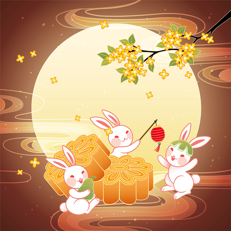 中秋滿月玉兔吃月餅插圖圖片素材