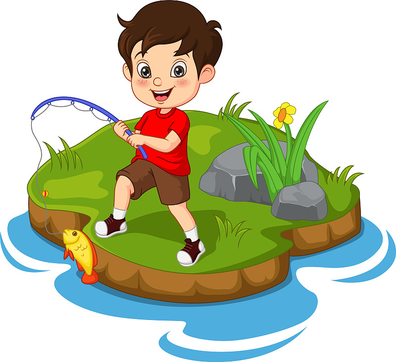 一个卡通小男孩在河里钓鱼图片