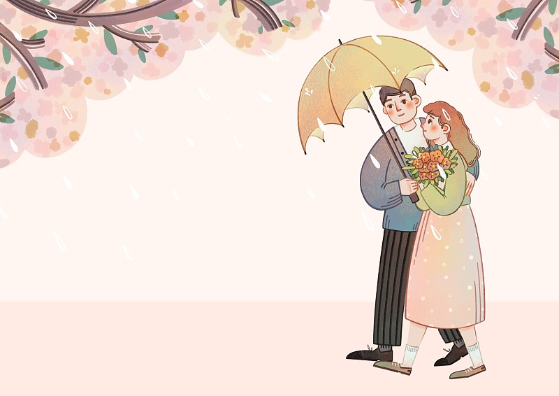 櫻花樹下-打傘同行的情侶圖片下載