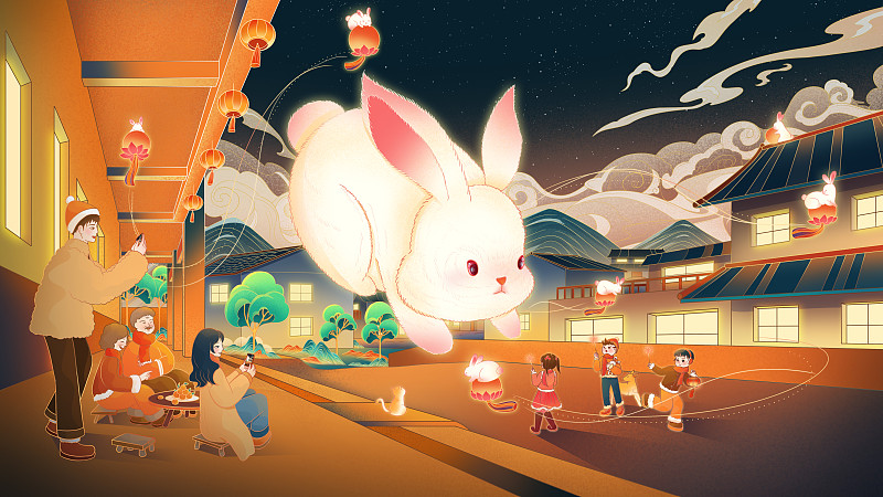 手繪卡通中國兔年生肖新年春節喜慶國潮插畫圖片