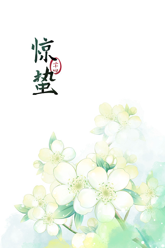 驚蟄——梨花，古風水彩二十四節氣系列唯美花卉插畫圖片