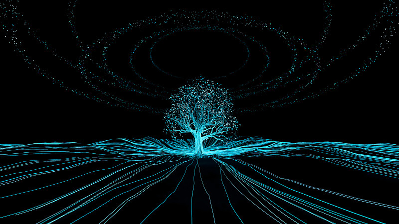 藍色發光粒子樹,抽象數字化植物圖片素材