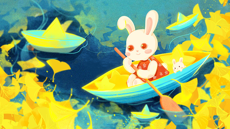 兔年十一月銀杏葉湖面小舟小兔子系列插畫圖片