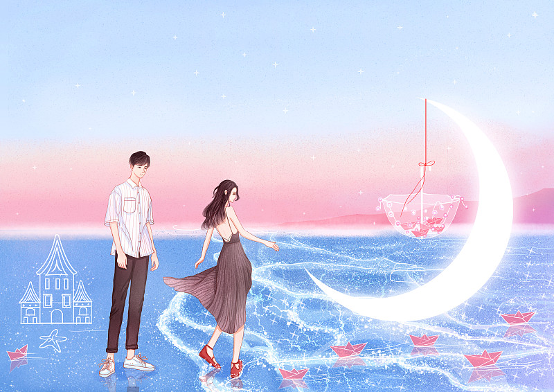 蓝天海洋下，月亮在海面上，有小纸船划过，—堆情侣在海边游玩.图片下载