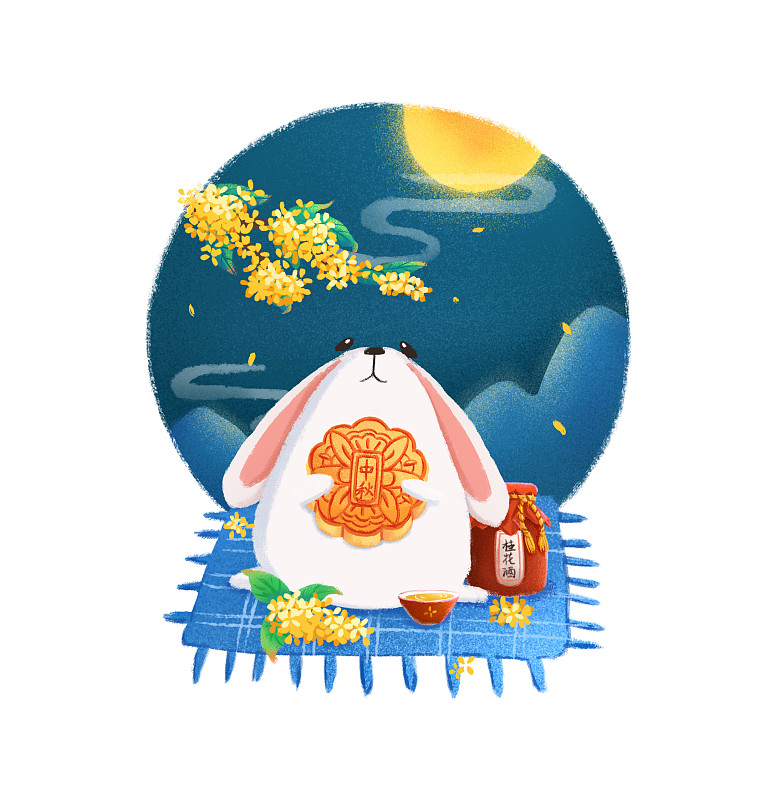 中秋節抱著月餅賞月的兔子插畫圖片