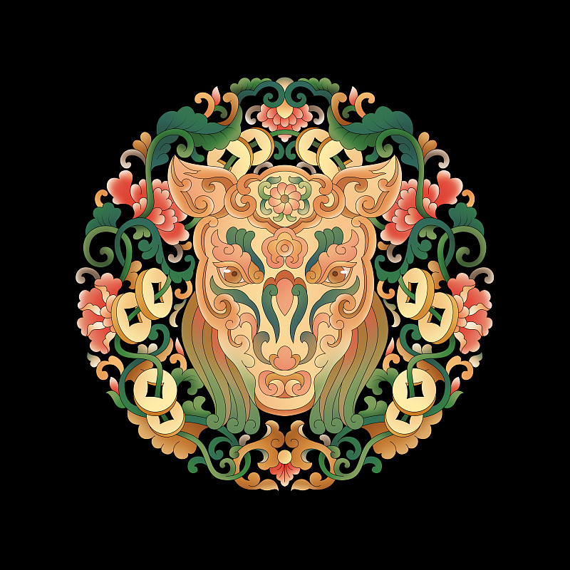 十二生肖傳統花紋之生肖馬圖片素材