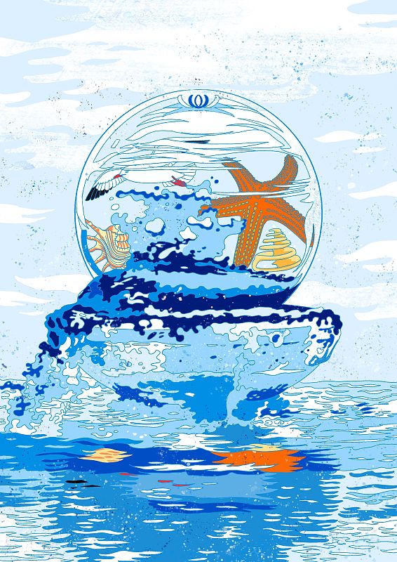 清新夏日蓝色海洋水晶球海浪水花图片下载