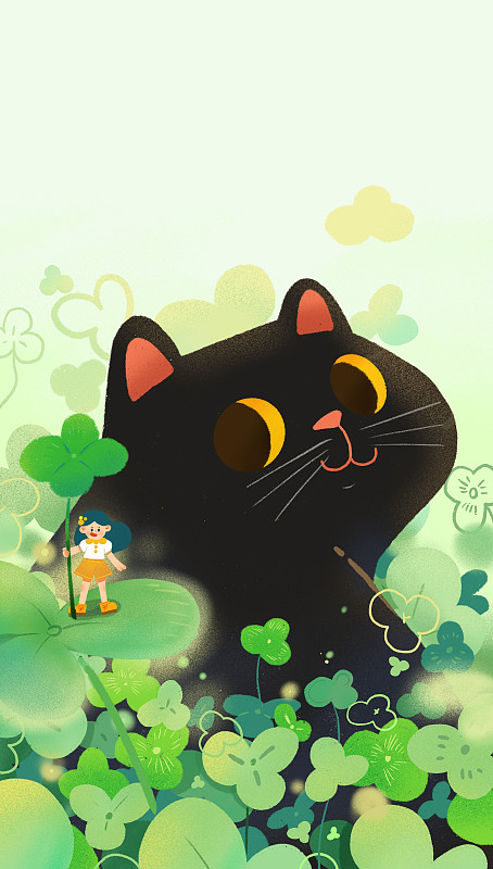 三叶草丛里的黑猫和小女孩图片下载