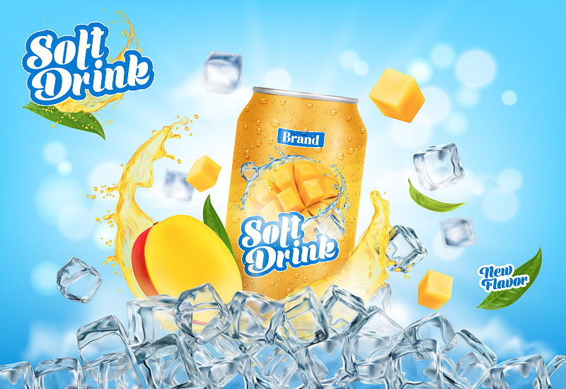 芒果果汁饮料可以果汁飞溅和冰块图片下载