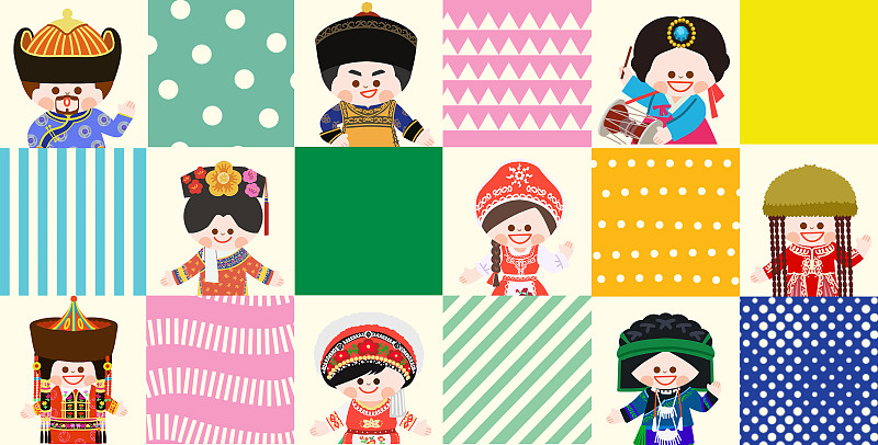 五十六个民族可爱儿童插画民族装饰方格人物头像下载
