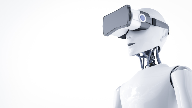 3D渲染，機器人與虛擬現實眼鏡圖片素材
