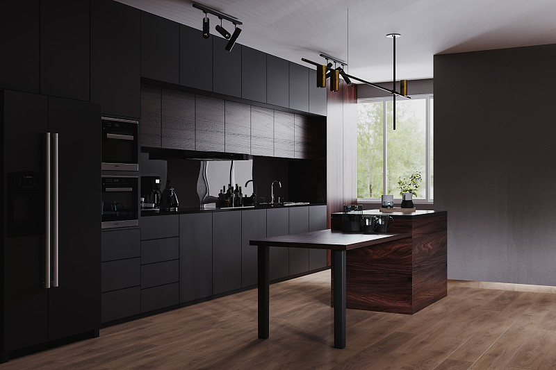现代黑色厨房和餐厅内部家具和厨具，灰色，黑色和深色木材厨房内部背景，豪华厨房，3d渲染图片下载