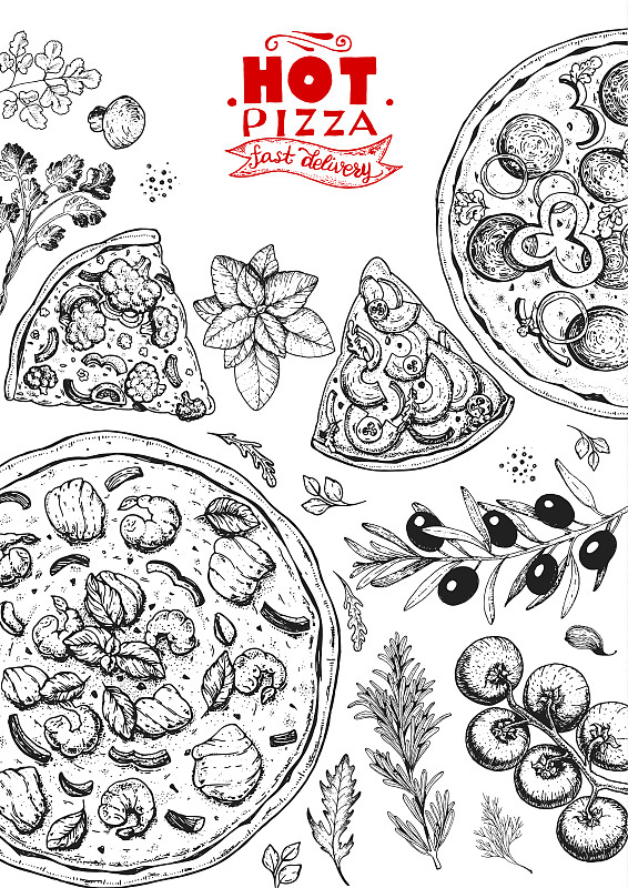意大利披薩和配料俯視圖。意大利菜菜單設計模板。復古手繪矢量插圖。雕刻風格的插圖。菜單上的披薩標簽。插畫圖片