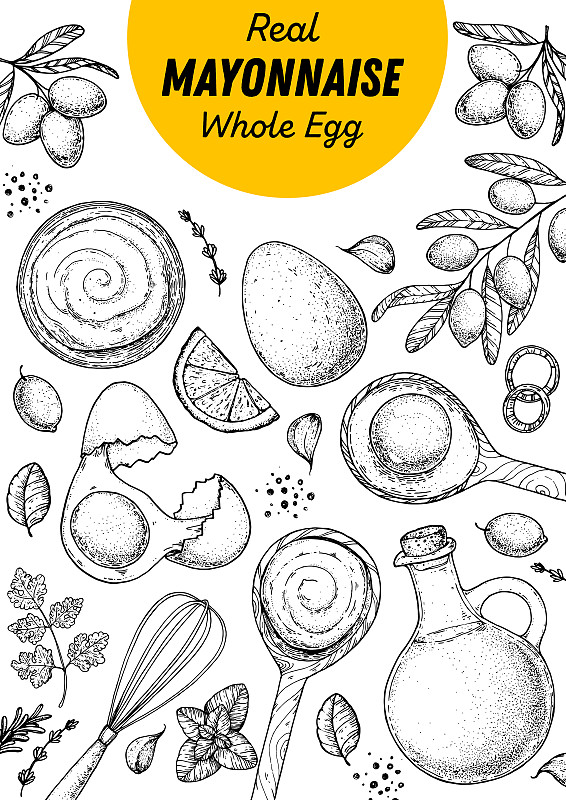 蛋黃醬烹飪及食材草圖，手繪矢量插圖。自制蛋黃醬，設計元素。手繪，包裝設計。插畫圖片