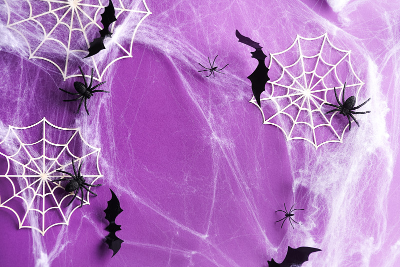 萬圣節的背景由蜘蛛網，蜘蛛和黑色蝙蝠在紫色。萬圣節裝飾概念?？植篮涂植赖谋尘芭c復制空間為您的設計攝影圖片