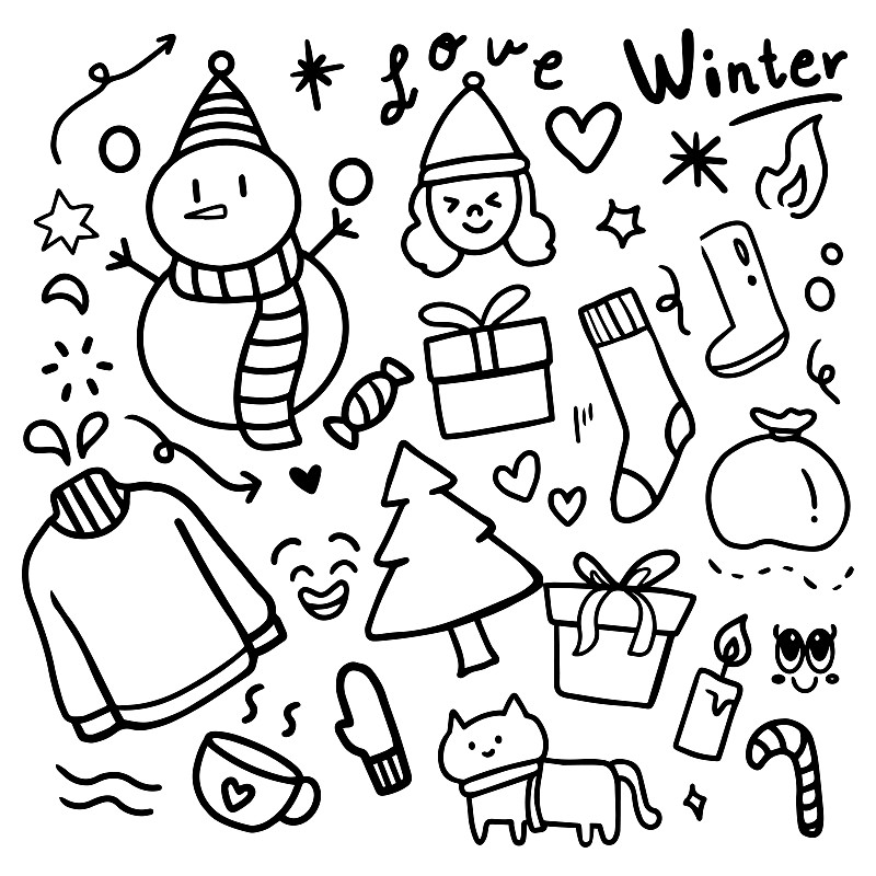 一套手繪冬季元素。涂鴉漫畫。兒童填色書插畫圖片