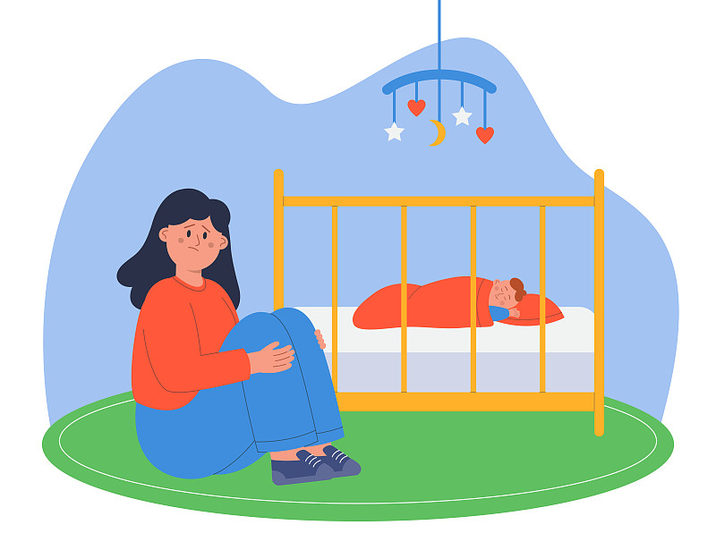 抑郁的母親坐在嬰兒床旁抱著新生兒插畫圖片