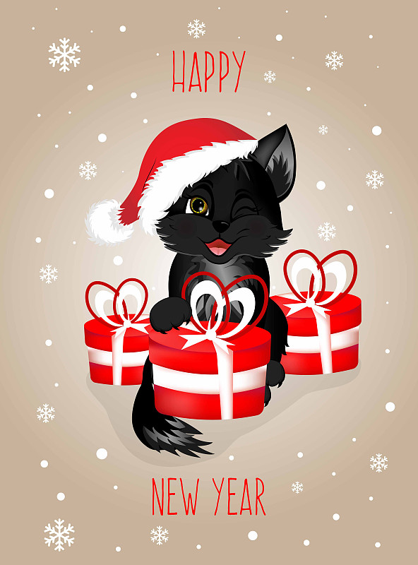 祝福的明信片。新年快樂，圣誕快樂，黑貓和紅色禮品盒。插畫圖片