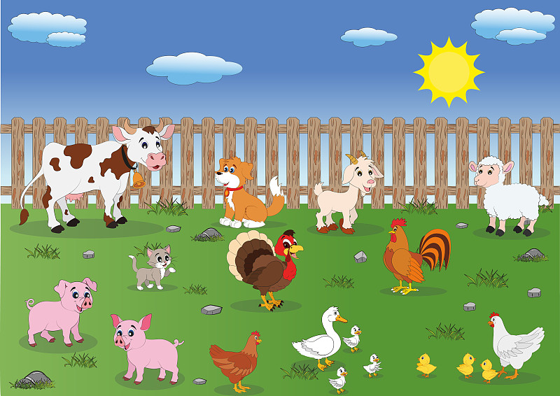 農場動物的卡通插圖。家養動物插畫圖片