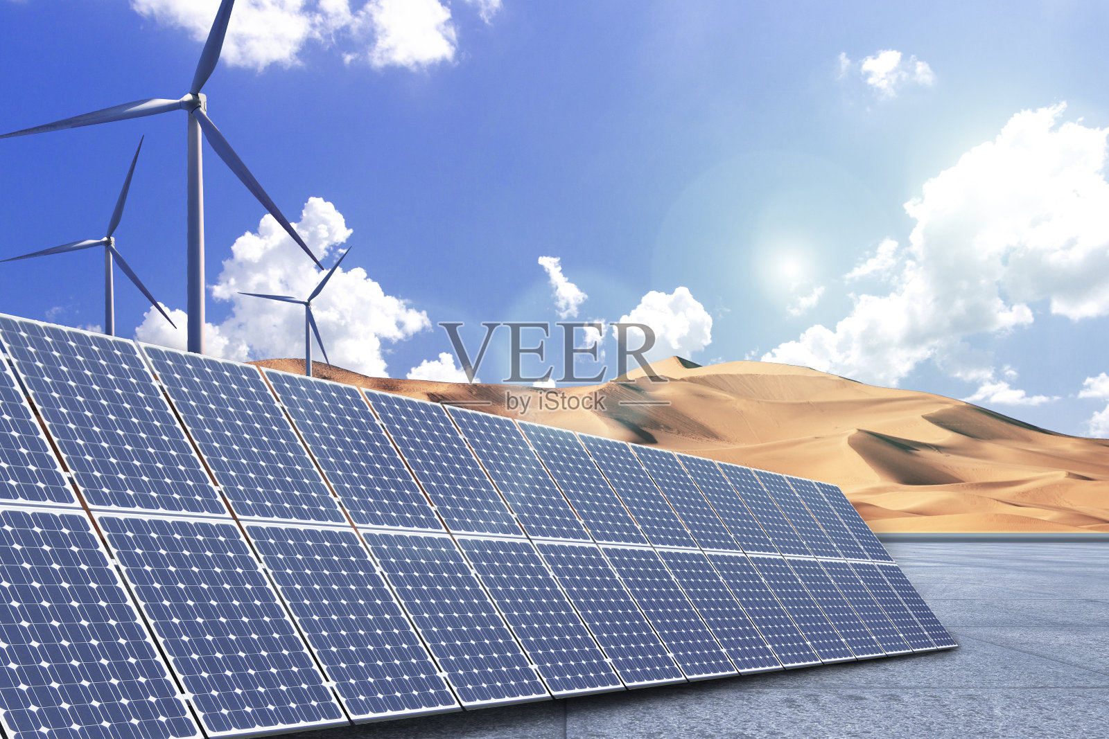 新能源，太阳能和风能。照片摄影图片