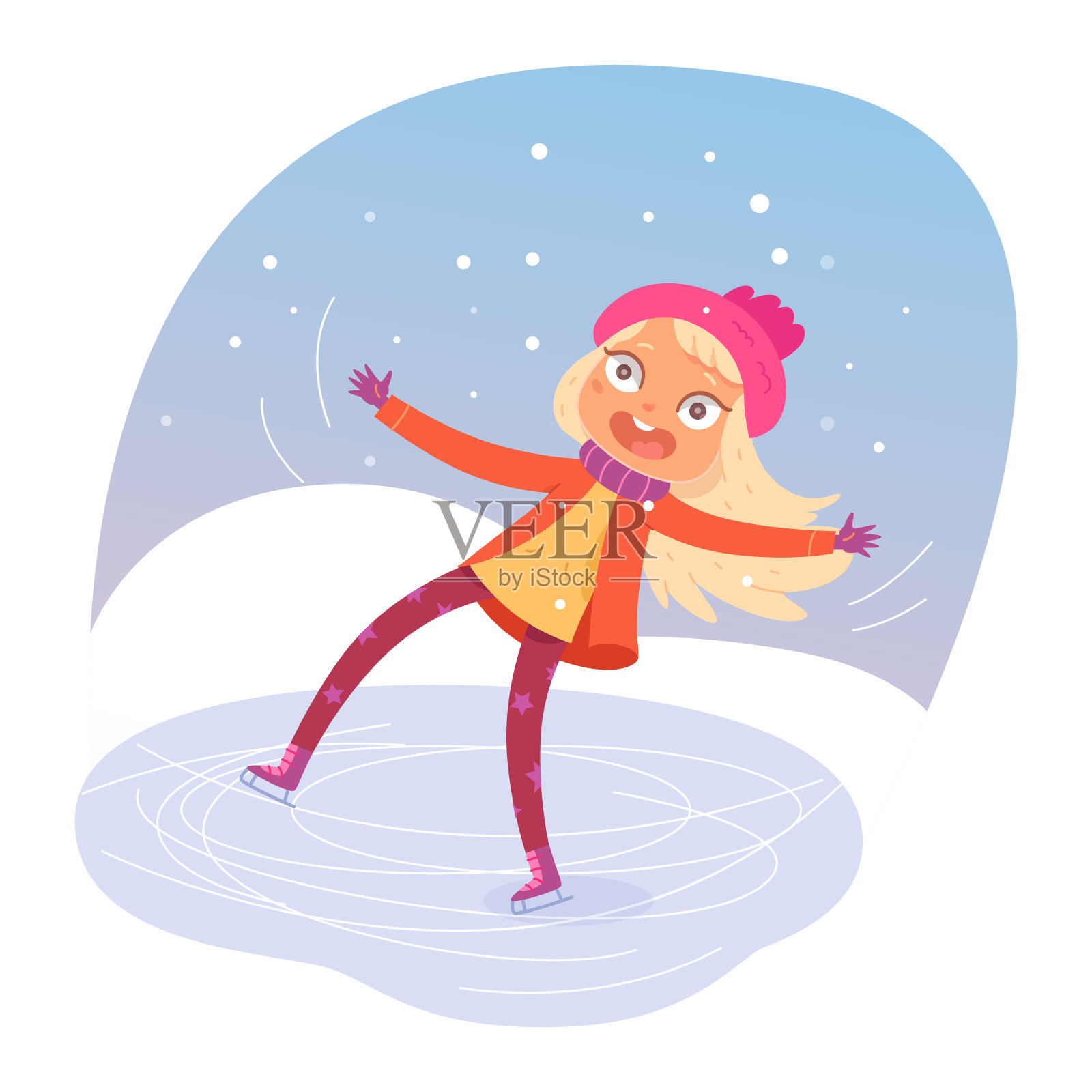 可爱的孩子在溜冰场上摔倒，溜冰的金发女孩跳舞，在冬天的雪园滑冰插画图片素材