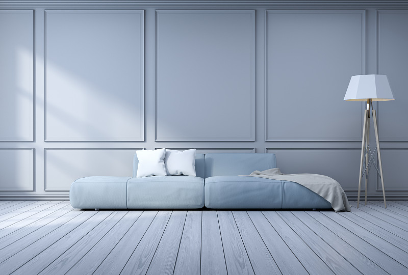 極簡主義的室內設計，淺灰色沙發與燈在灰色框架墻和硬木地板，3d渲染圖片素材