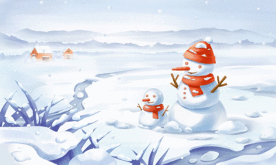 冬天下大雪的户外堆雪人场景插画元素下载