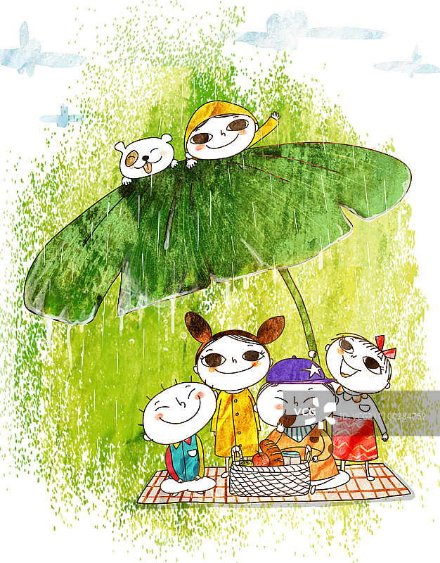 孩子们在雨天野餐图片素材