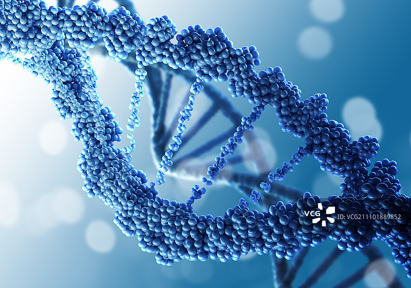 DNA分子概念图像。蓝色背景下DNA分子的生物化学概念图片素材