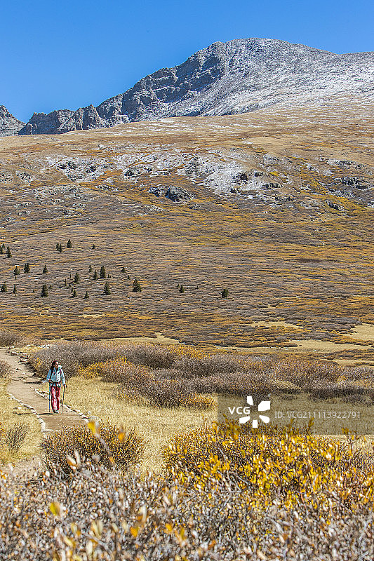 科罗拉多州比尔施塔特山下的妇女徒步旅行图片素材