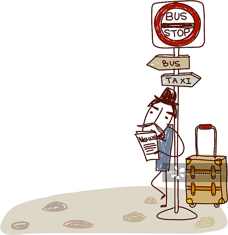 卡通人物站在公交车站上图片素材