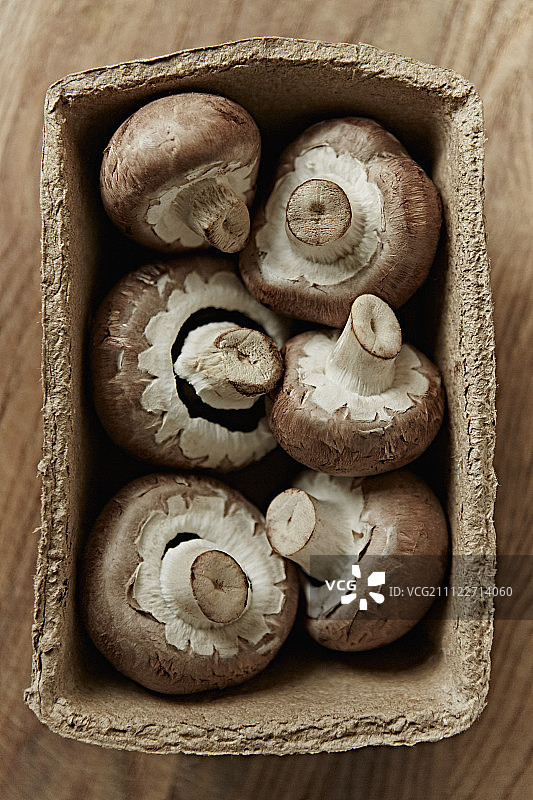 新鲜，有机，健康的静物，六个棕色的蘑菇在容器里图片素材