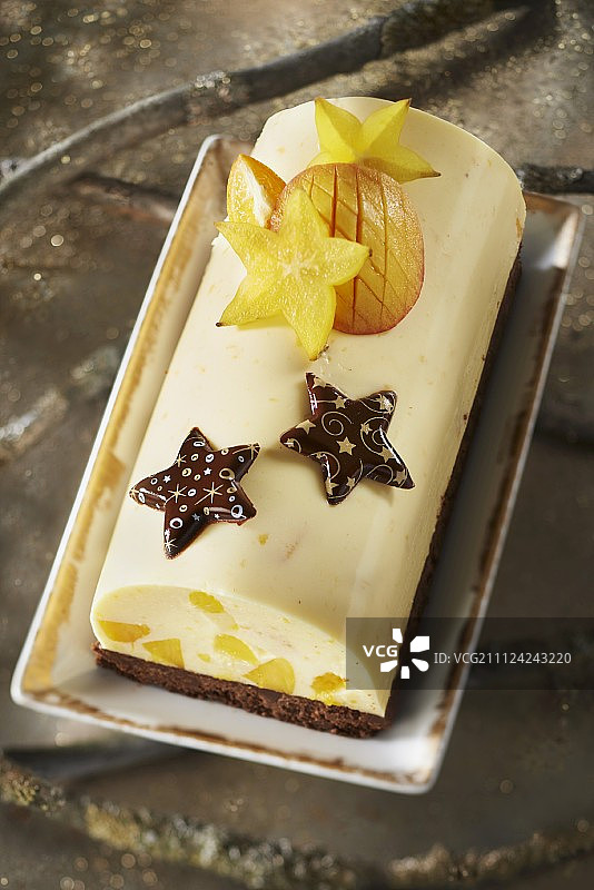 原木蛋糕风格的芒果和巧克力饼干芝士蛋糕图片素材