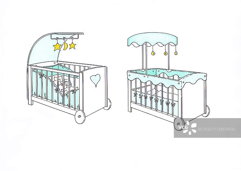 两个带顶棚的婴儿床的插图图片素材
