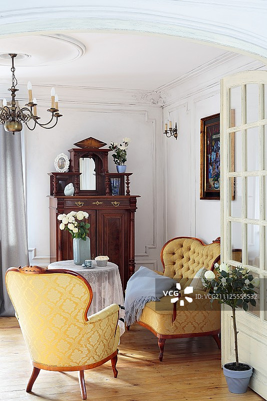透过打开的门可以看到休息区;年代扶手椅和沙发与淡金色丝绸装饰图案图片素材