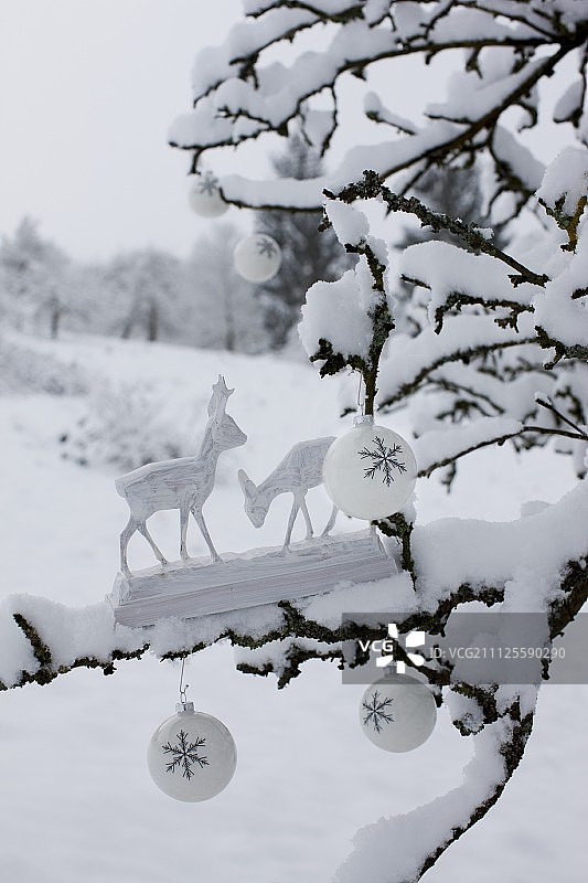两个木制的鹿雕像和白雪覆盖的树枝上的白色圣诞装饰物图片素材