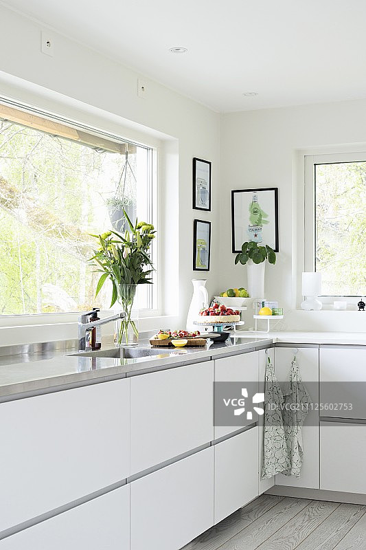 现代厨房，白色门面和不锈钢工作台面图片素材