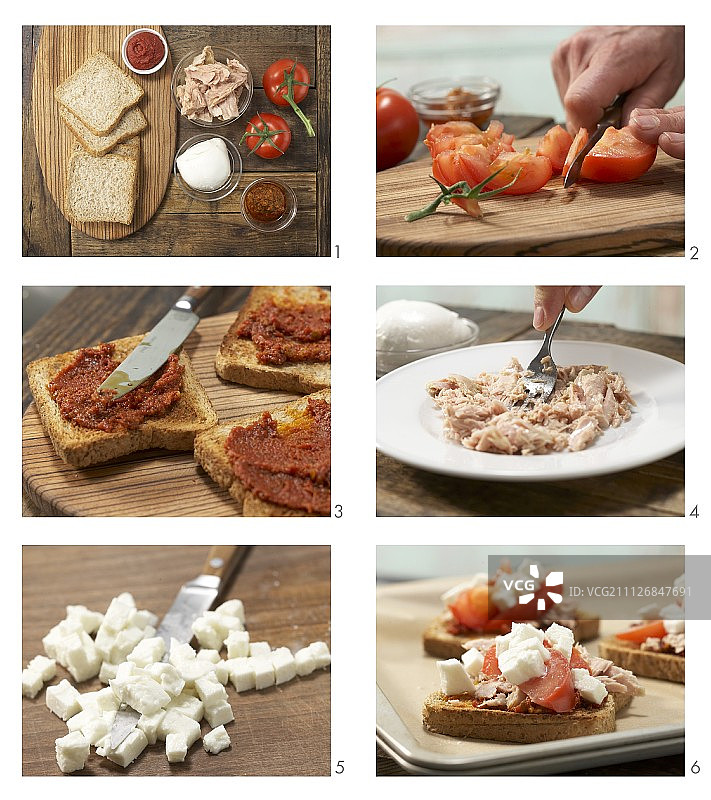 如何准备金枪鱼，番茄和马苏里拉奶酪的披萨吐司图片素材