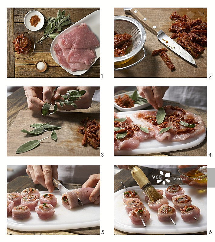 如何准备鼠尾草和番茄干烤火鸡卷图片素材