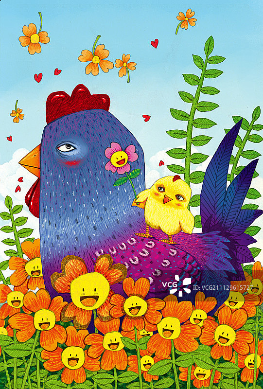 动物创意插画-花丛中的公鸡和小鸡图片素材