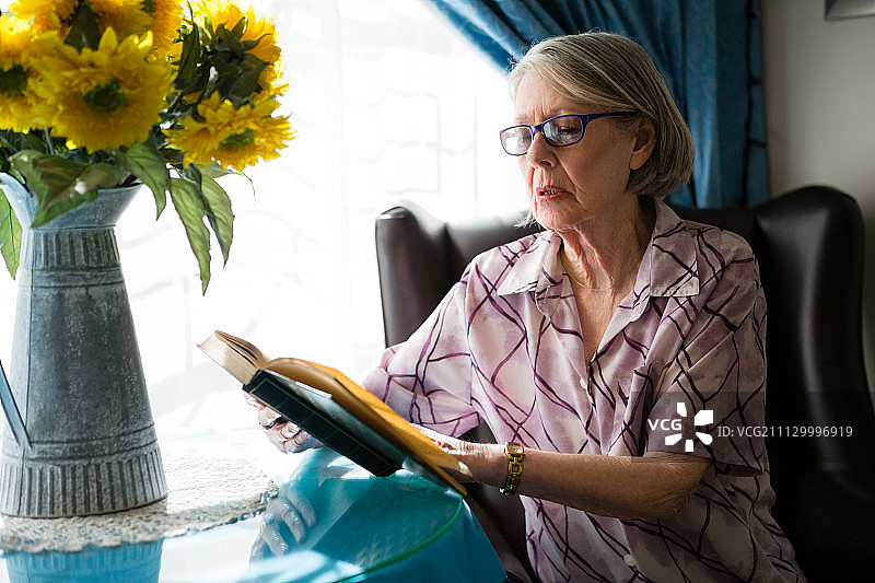 老年妇女坐在退休之家的扶手椅上看书图片素材