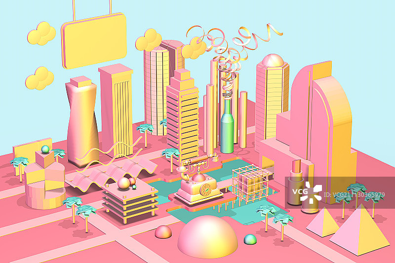 Pink Low Poly Isometric City图片素材