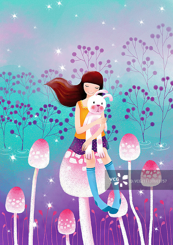 唯美青春插画系列-坐在蘑菇上抱着兔子的女孩图片素材